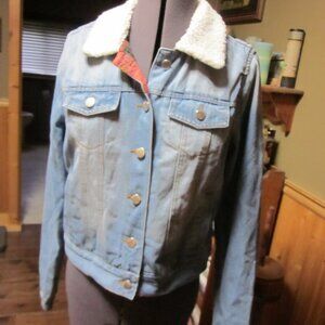 Ashley Vtg Jean jacket washed out denim buffalo plaid flannel lined sherpa collr